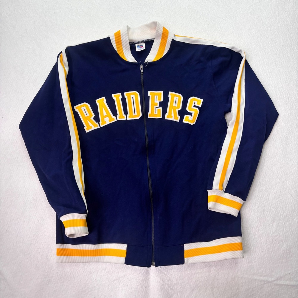 Vintage 90s Russell Athletic Raiders Jacket Mens Medium Made in USA Navy Gold